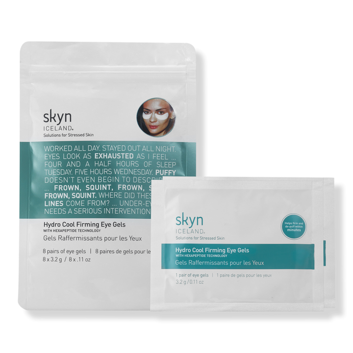 hydro cooling firming eye gels under-eye face mask from brans Skyn Iceland. photo shows the outside of packaging. 