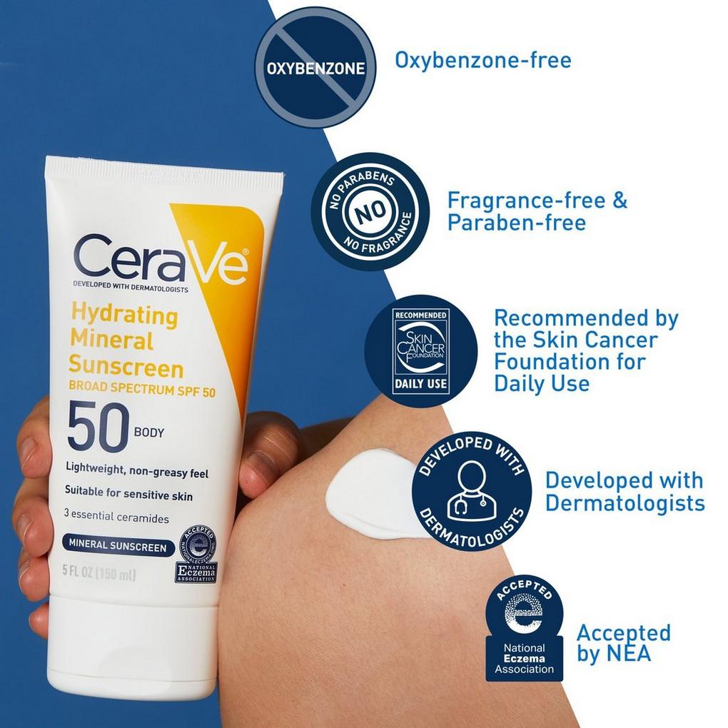 Cerave Hydrating 100% Mineral Body Sunscreen SPF 50 with Zinc Oxide & Hyaluronic Acid - 5.0 fl oz