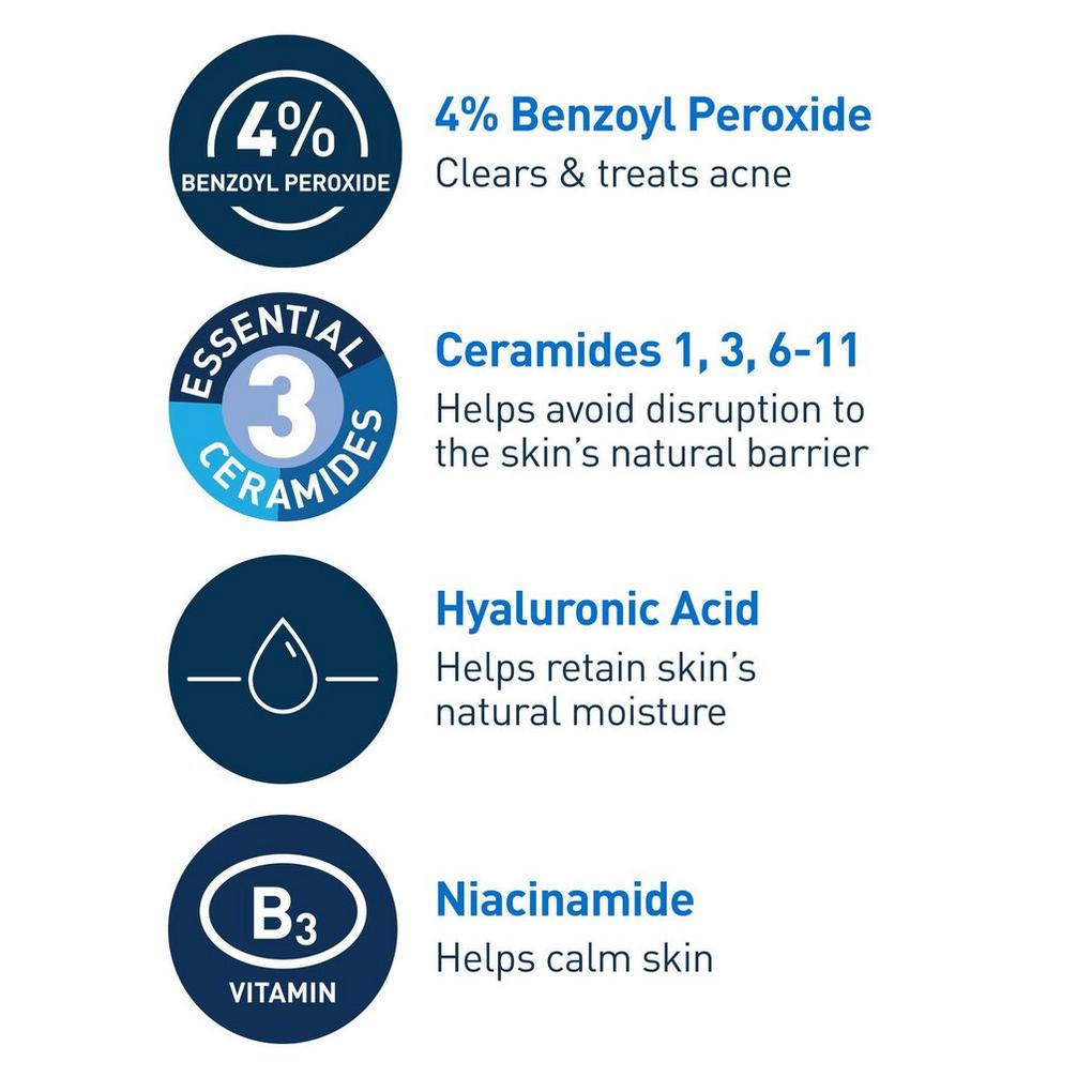 CeraVe Acne Foaming Cream Cleanser with 4% Benzoyl Peroxide, Hyaluronic  Acid, and Niacinamide, Cream to Foam Formula