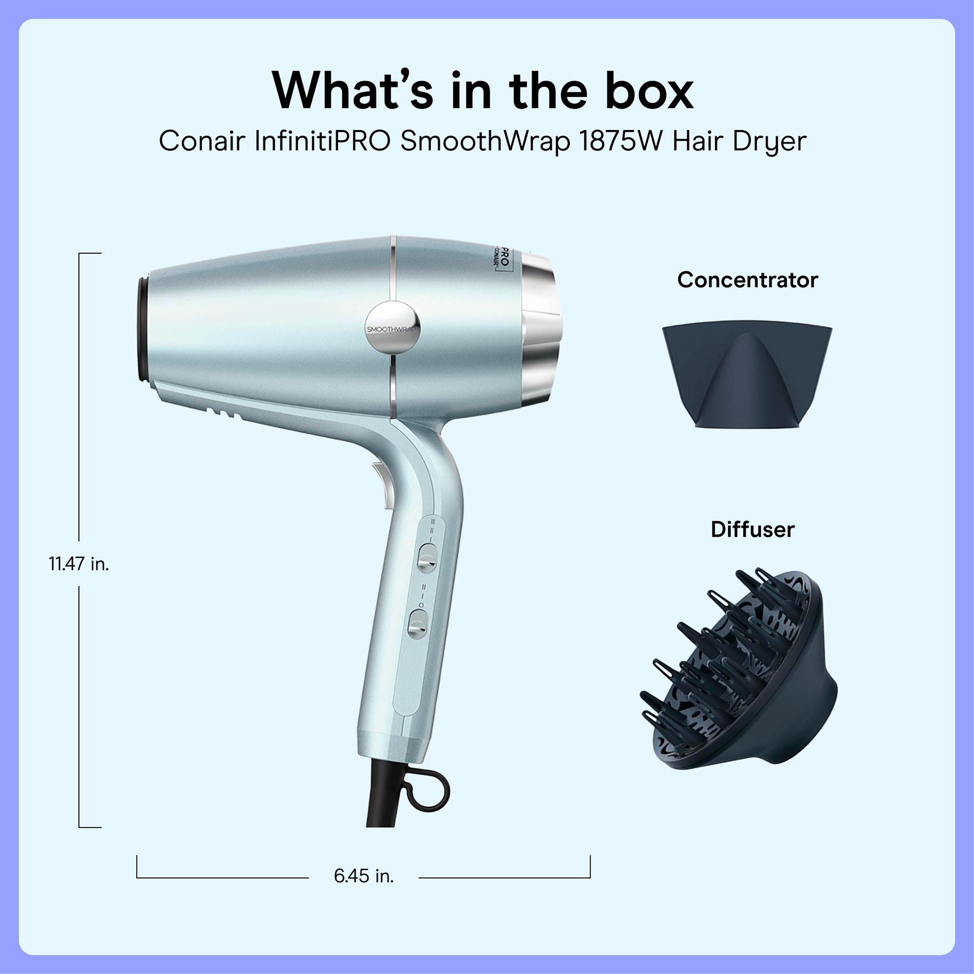 Фен Conair InfinitiPro SmoothWrap с двойной ионной терапией, цвет: Светлый синий металлик — фото 8