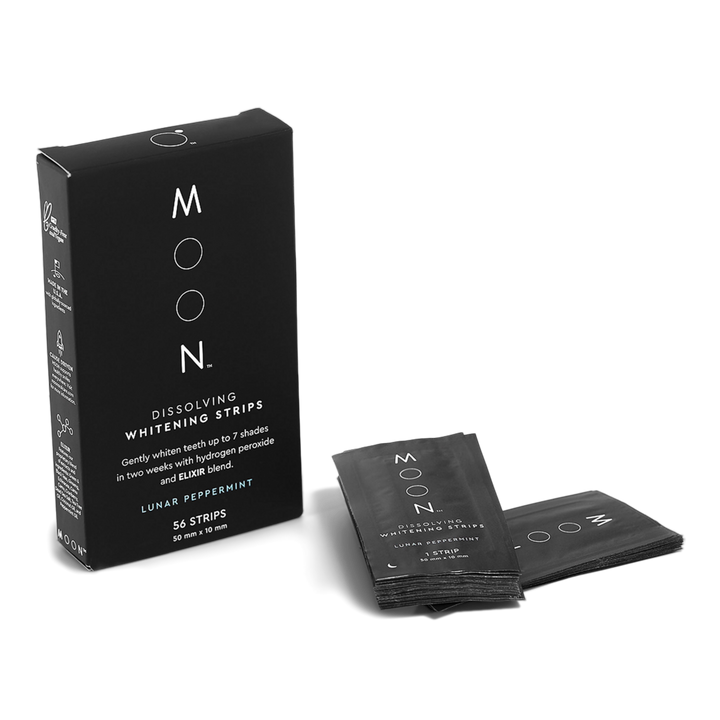 Moon dissolving whitening strips packaging. Black box with individual whitening strips packing shown. 