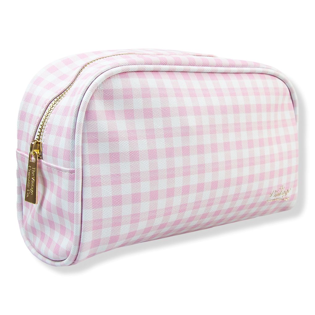 Checkered Travel Makeup Bag, Vegan Leather Large Retro Cosmetic