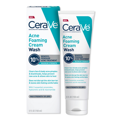 CeraVe Maximum Strength Acne Foaming Cream Wash with 10% BPO for Face & Body