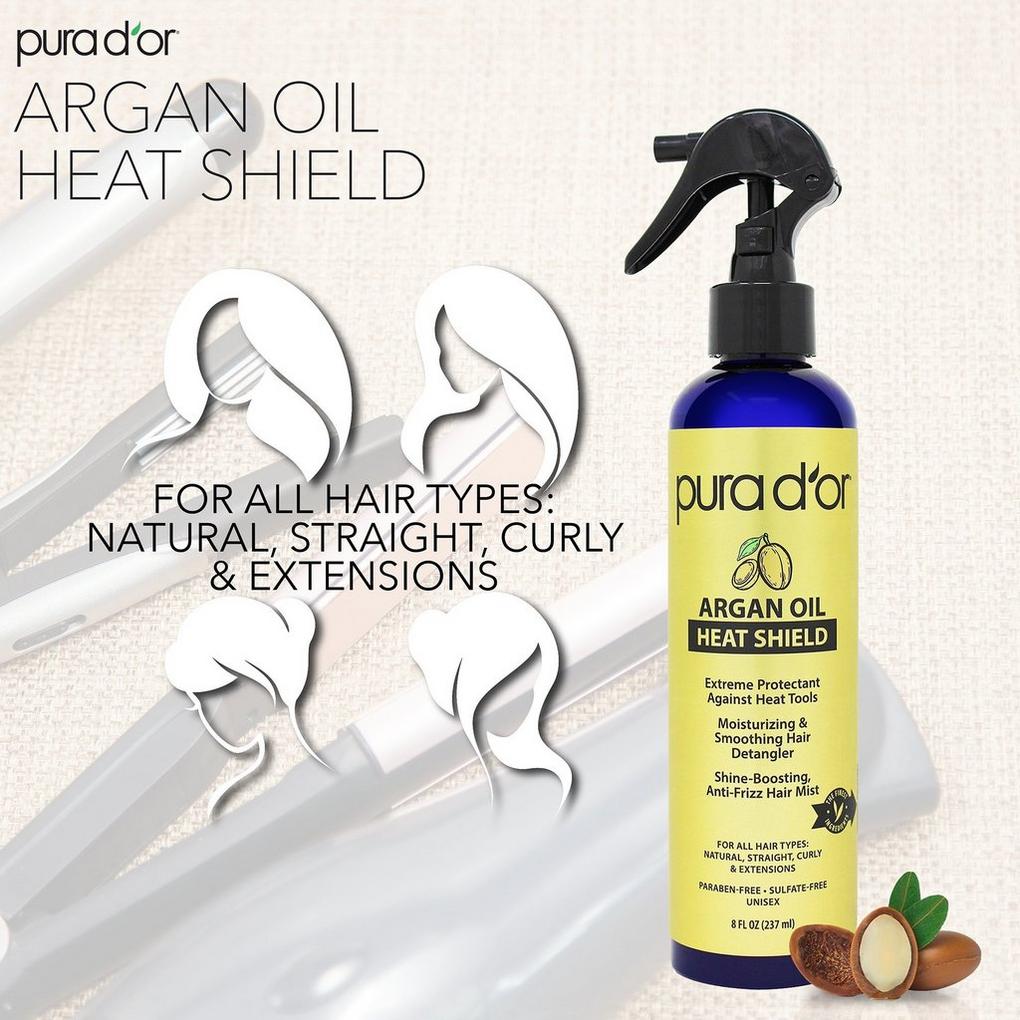 PURA D'OR Argan Oil Heat Shield Protectant Spray (8oz / 237mL) Infused w/  Organic Argan Oil: Protect up to 450º F from Flat Iron & Hot Blow Dry.  Leave-In Conditioner: Define 