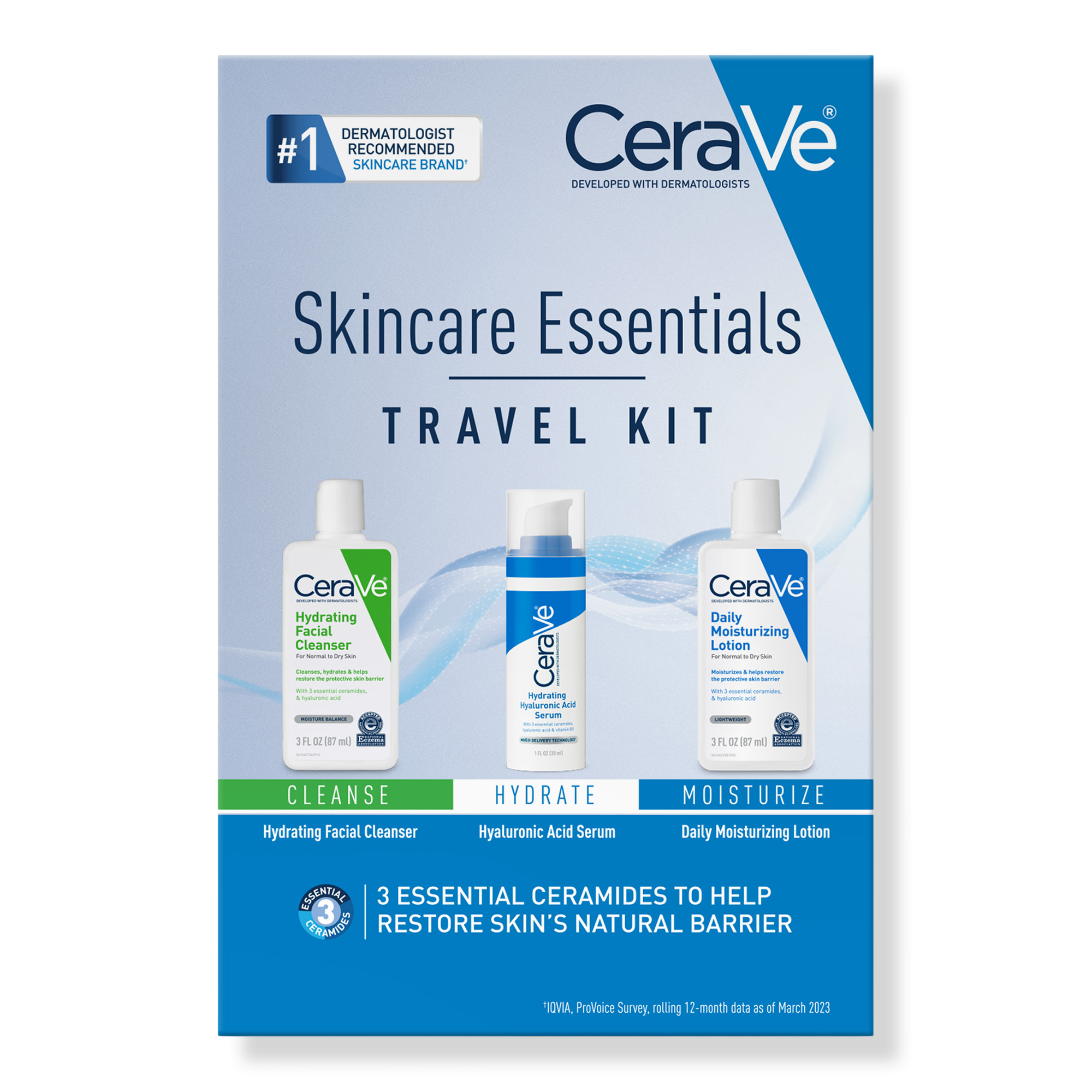 CERAVE SKINCARE ESSENTIALS TRAVEL SIZE KIT FOR BALANCED TO DRY SKIN INTERNATIONAL SHIPPING