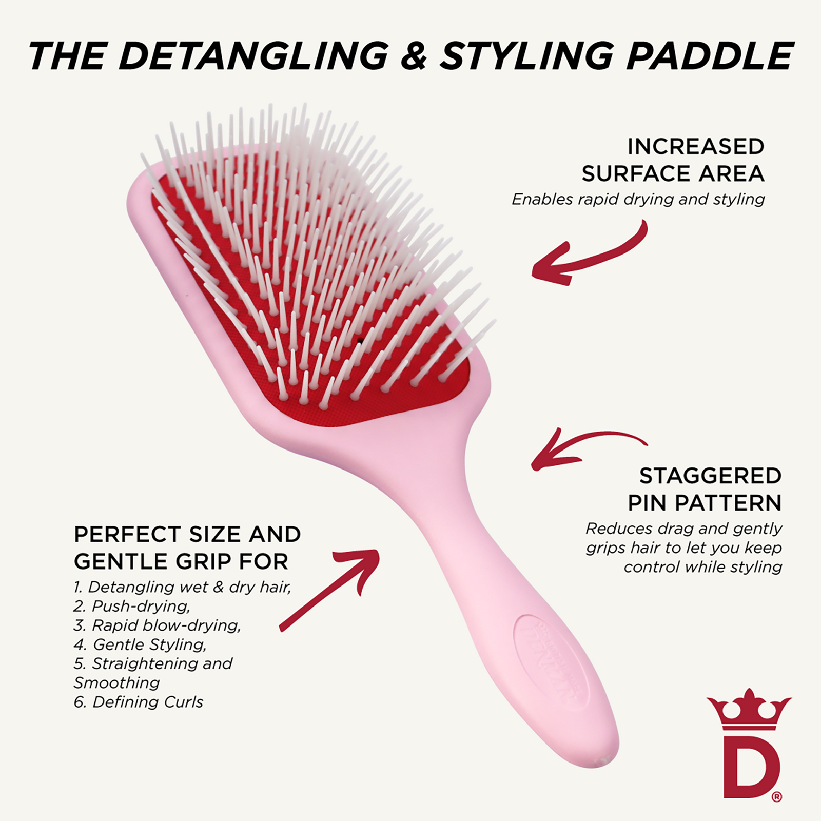 D38 Detangling and Styling Paddle - Pink Crush