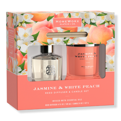 HomeWorx Jasmine & White Peach Candle and Reed Stick Diffuser Gift Set