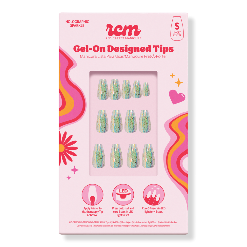 Red Carpet Manicure Gel-on Led Cured Designed Nail Art Tips - Holographic Glitter Coffin