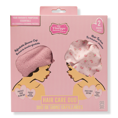 The Vintage Cosmetic Company Ditsy Rose Printed Reusable Shower Cap & Hair Towel Set