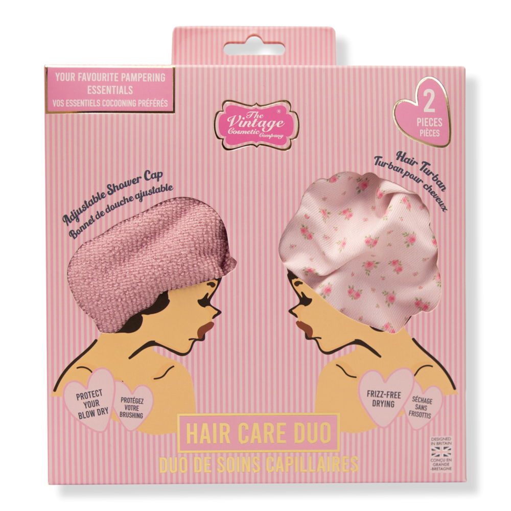 The Vintage Cosmetic Company Ditsy Rose Printed Reusable Shower Cap & Hair Towel Set