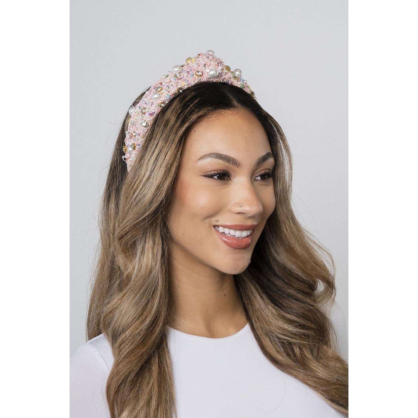 Plaid & Pearl Headband - Pink
