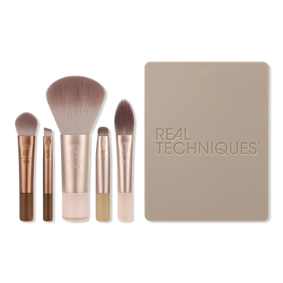 Real Techniques New Nudes 2.0 On-The-Glow Mini Brush Set + Mirrored Compact