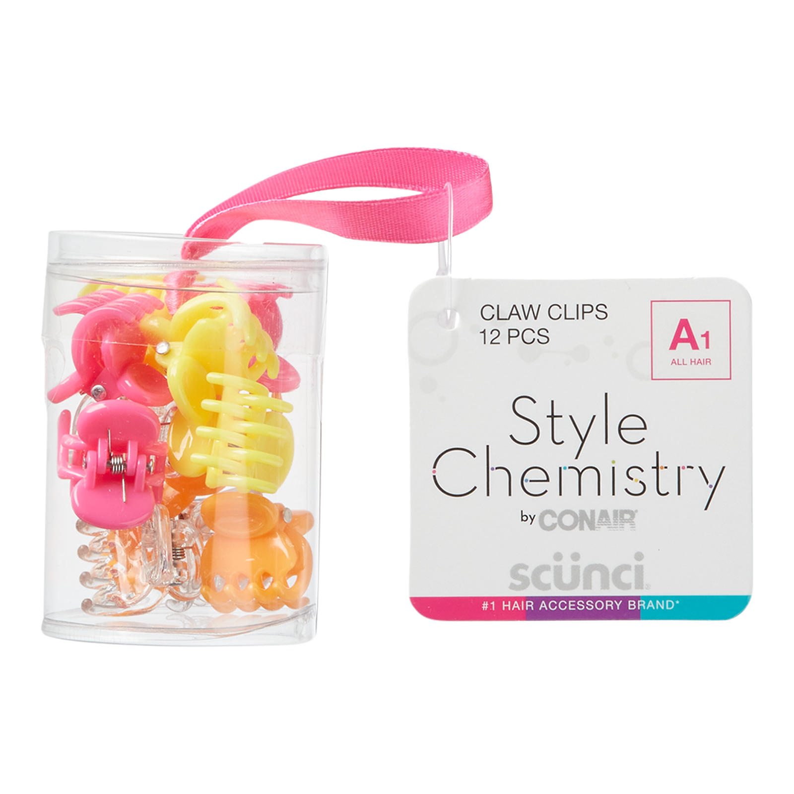 Style Chemistry Mini Claw Clips in Cylinder - Pink/Orange/Yellow/Clear