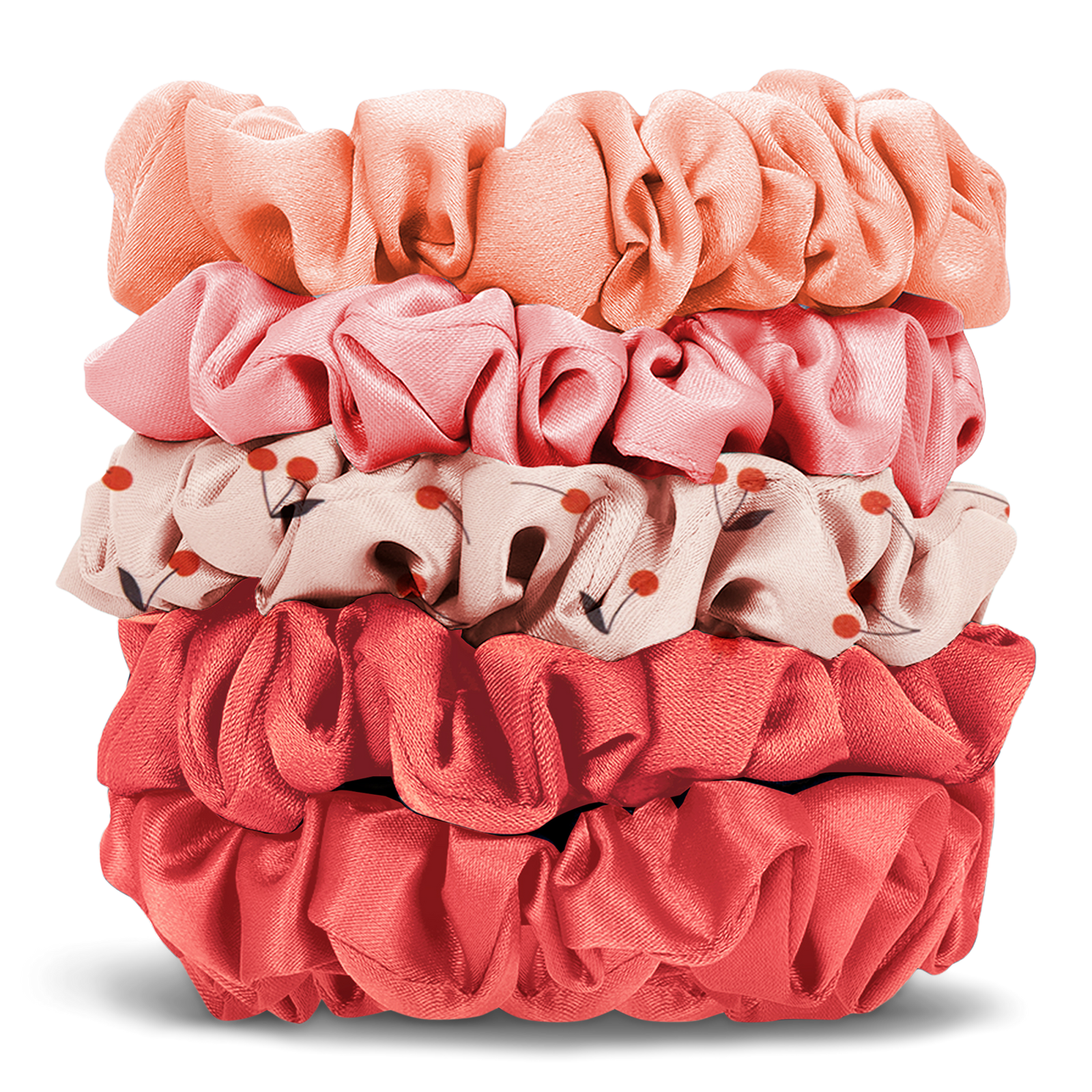 Runched Satin Scrunchies 5 Piece Set - Cherry Blossom