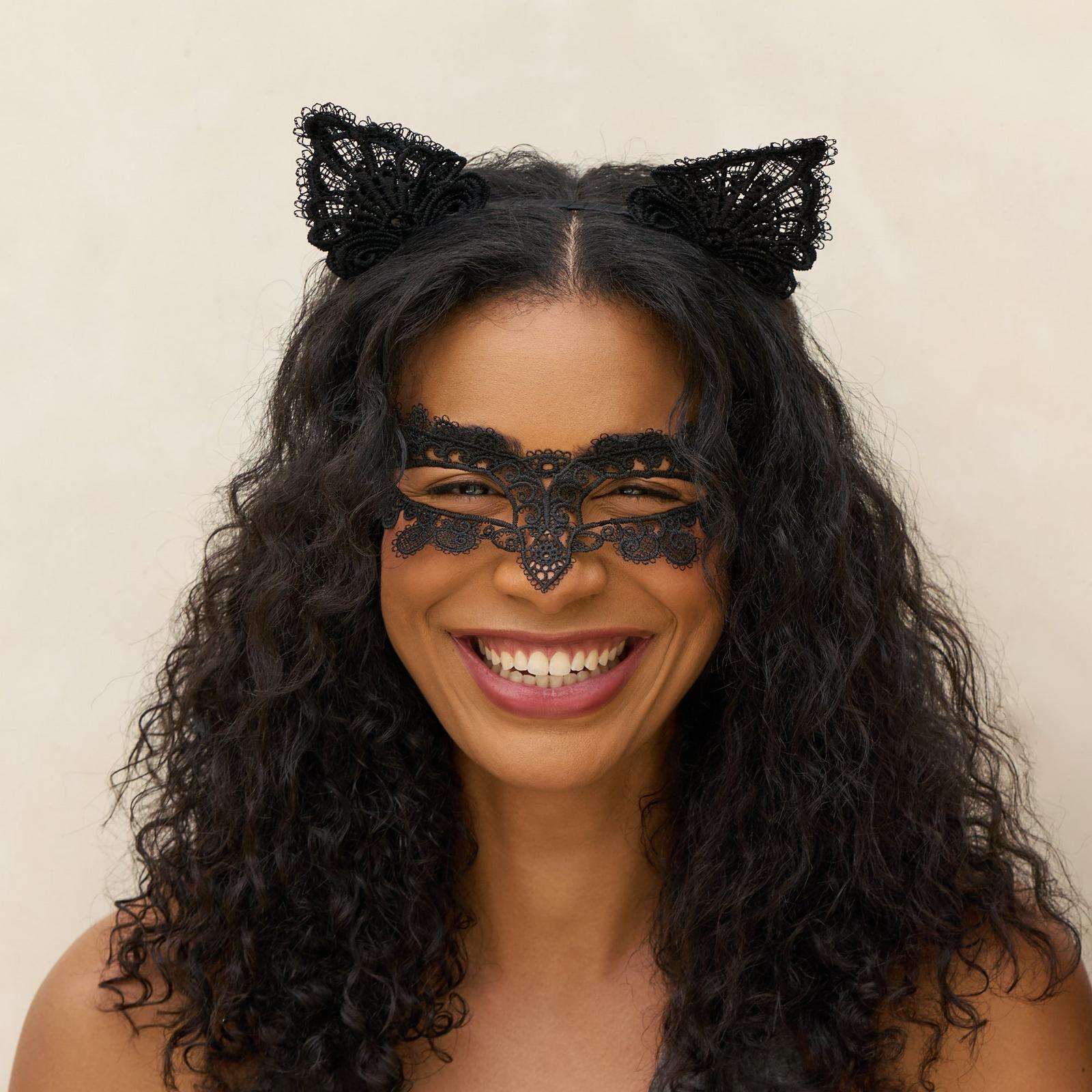 Lace Headband & Mask 2 Piece Set - Black Cat