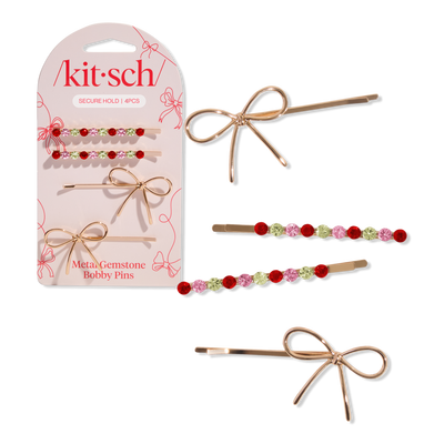 Kitsch Metal Gemstone and Bow Bobby Pins 4 Piece Set