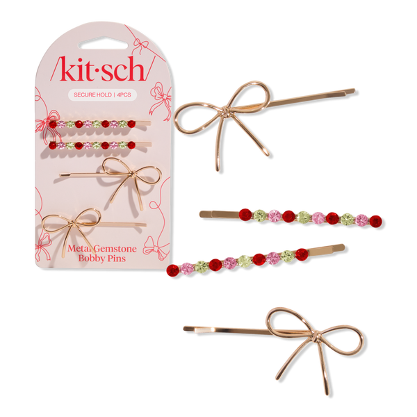 Kitsch Metal Gemstone and Bow Bobby Pins 4 Piece Set #1