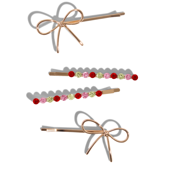 Kitsch Metal Gemstone and Bow Bobby Pins 4 Piece Set #2
