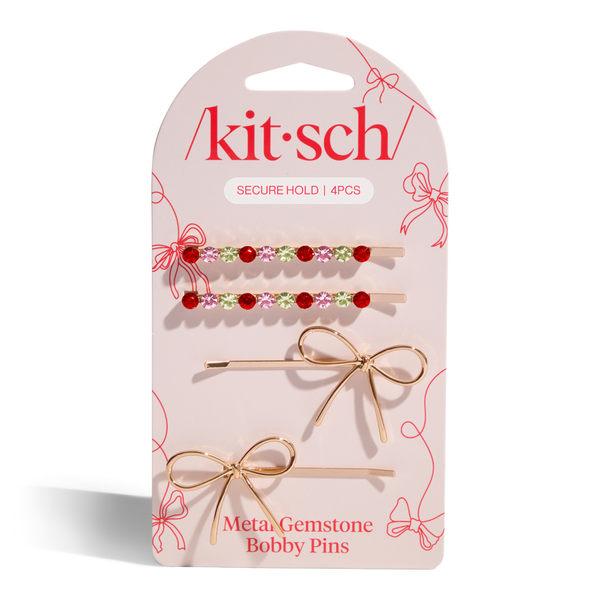 Kitsch Metal Gemstone and Bow Bobby Pins 4 Piece Set #3