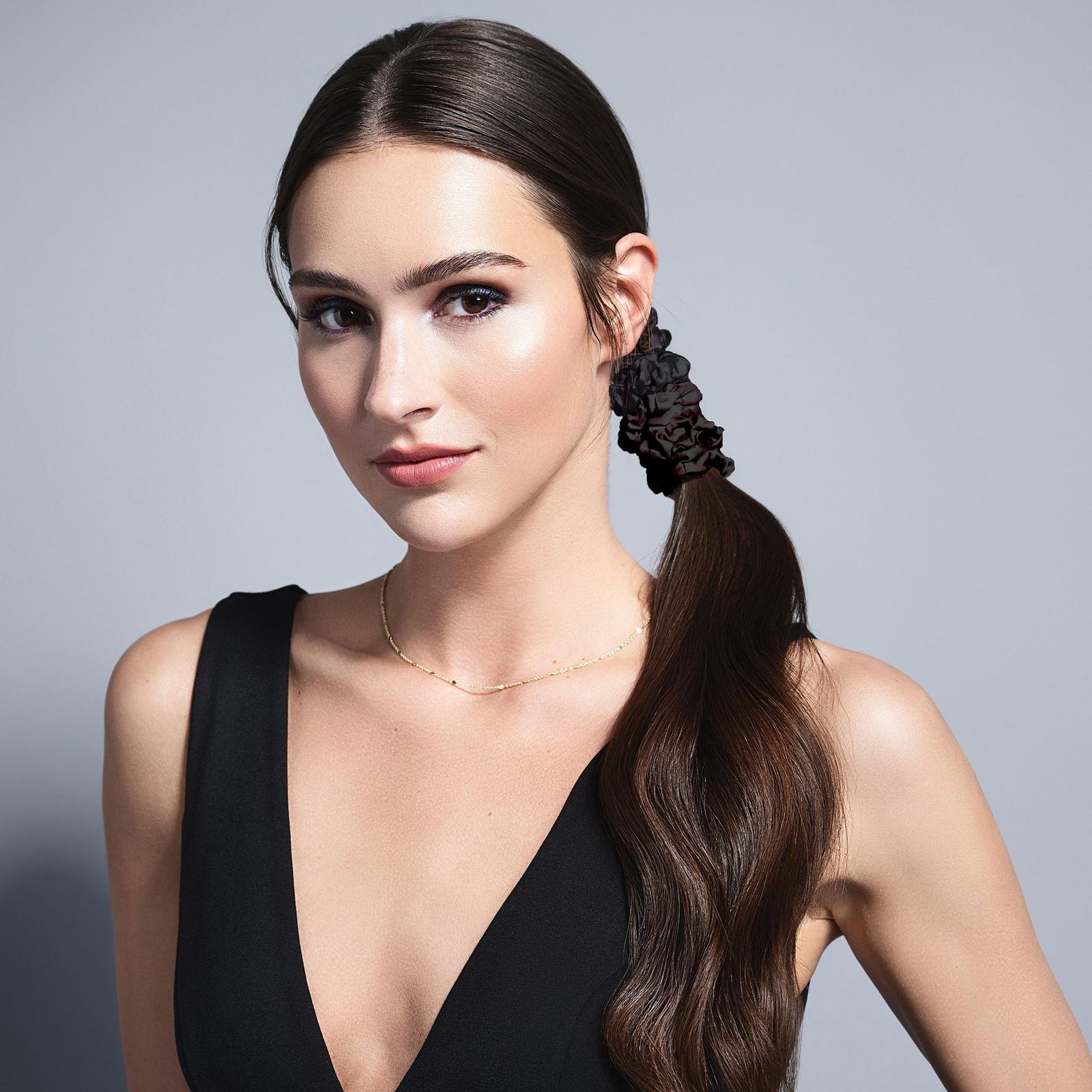 Ruched Ribbons Skinny Satin Scrunchies Set - Black