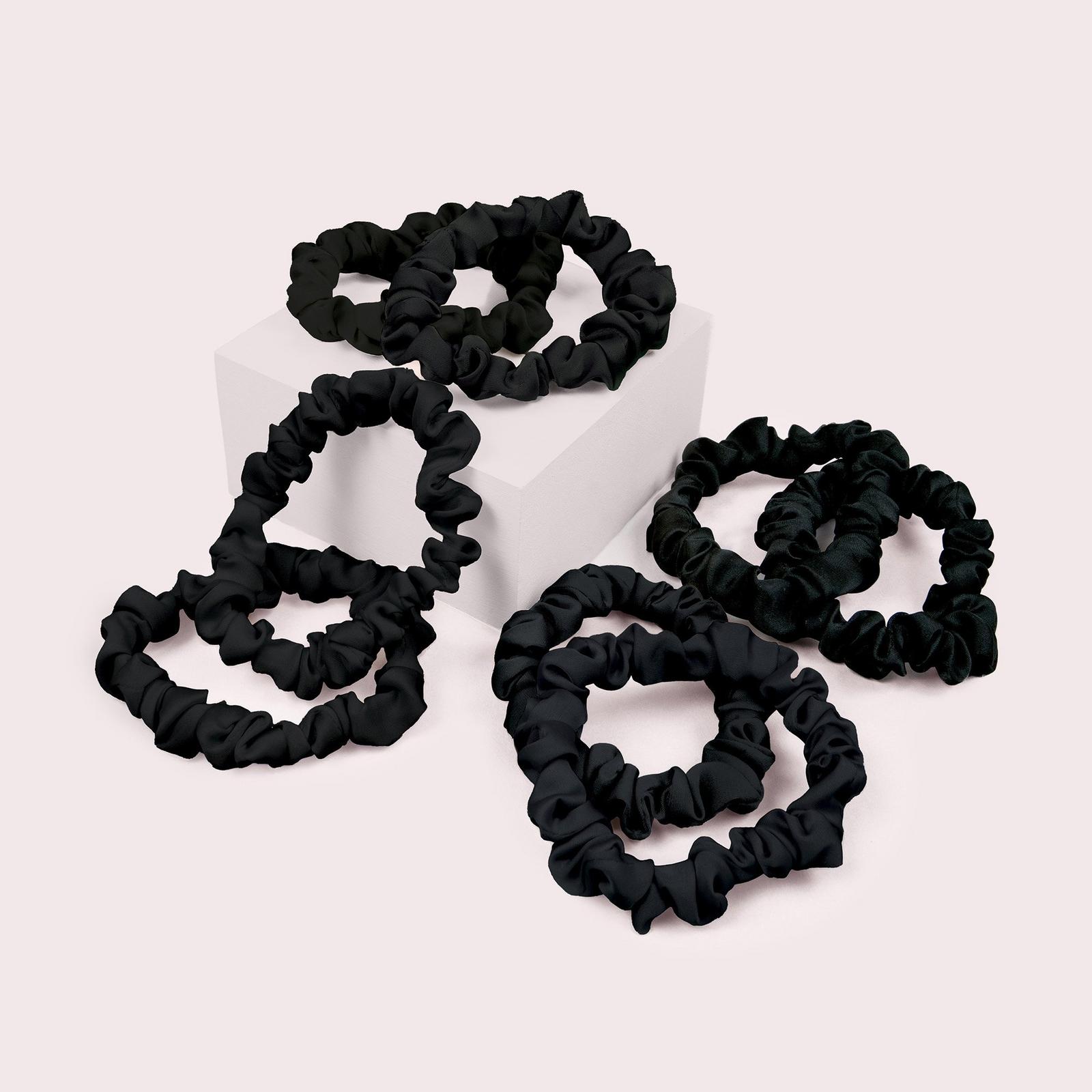 Ruched Ribbons Skinny Satin Scrunchies Set - Black
