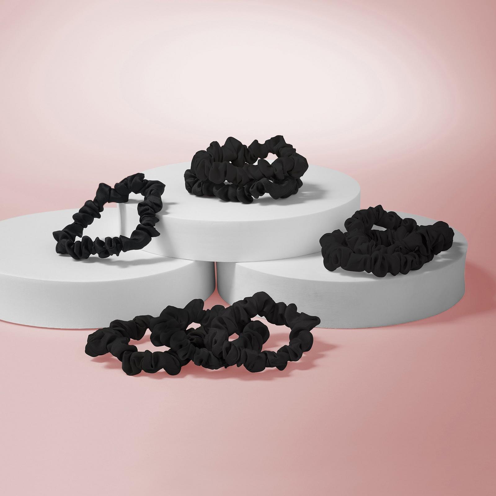Ruched Ribbons Skinny Satin Scrunchies Set - Black