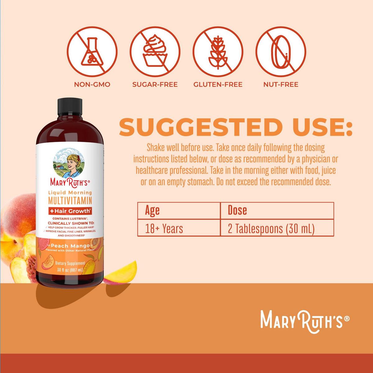 Liquid Morning Multivitamin + Hair Growth Peach Mango - 30 oz