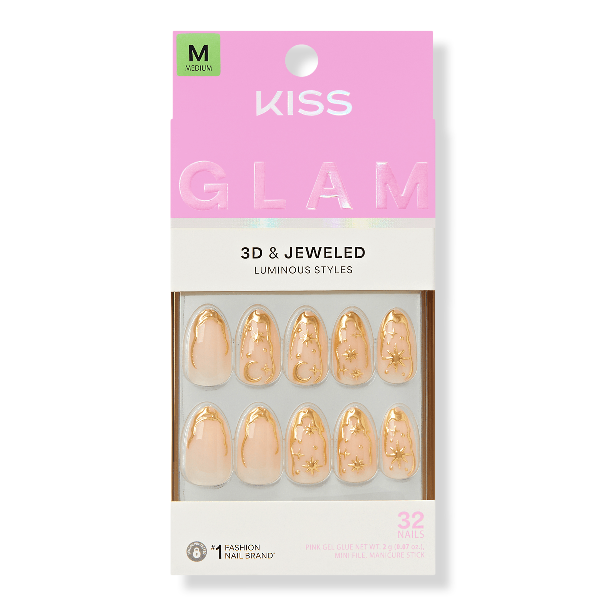 Kiss Glam Jeweled Medium Almond Press On Nails, Golden #1