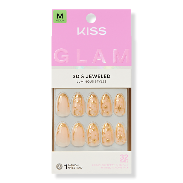 Kiss Glam Jeweled Medium Almond Press On Nails, Golden #1