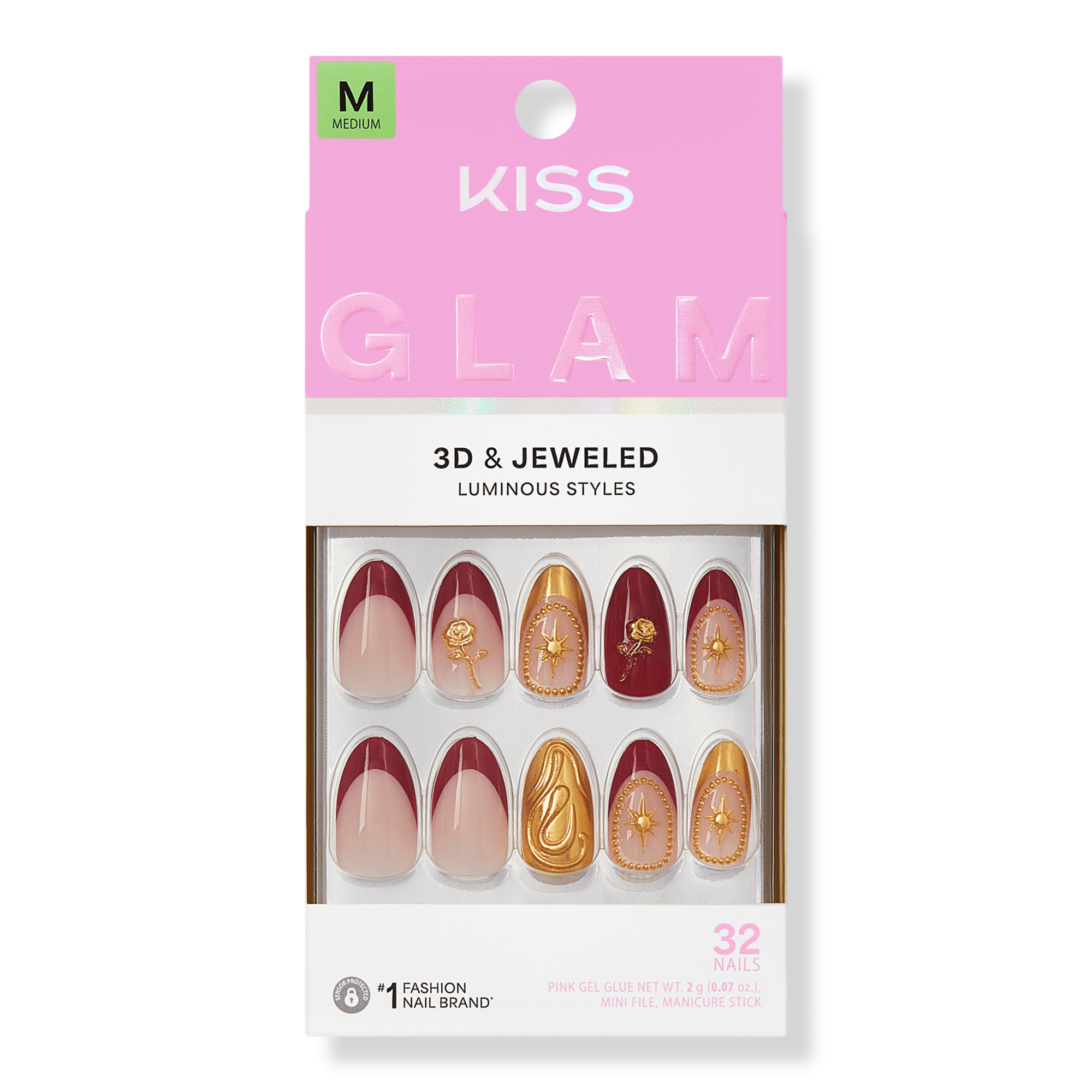 Kiss Glam Jeweled Medium Almond Press On Nails, Weekends #1