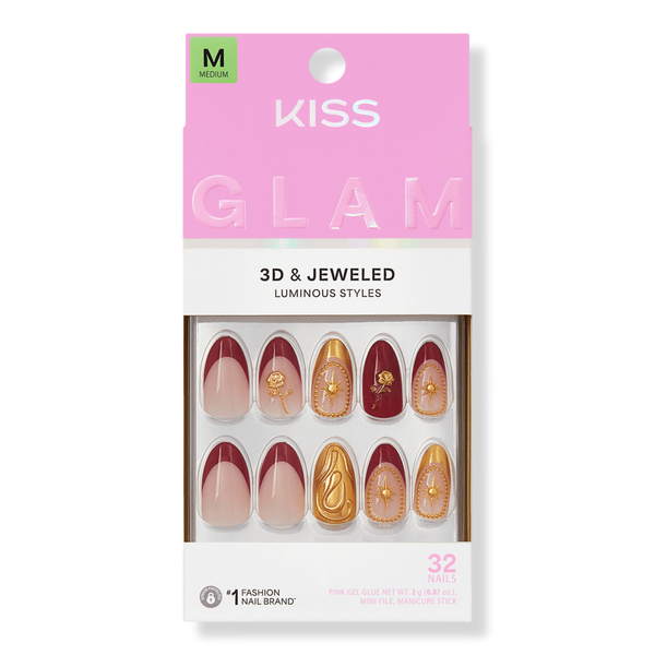 Kiss Glam Jeweled Medium Almond Press On Nails, Weekends #1