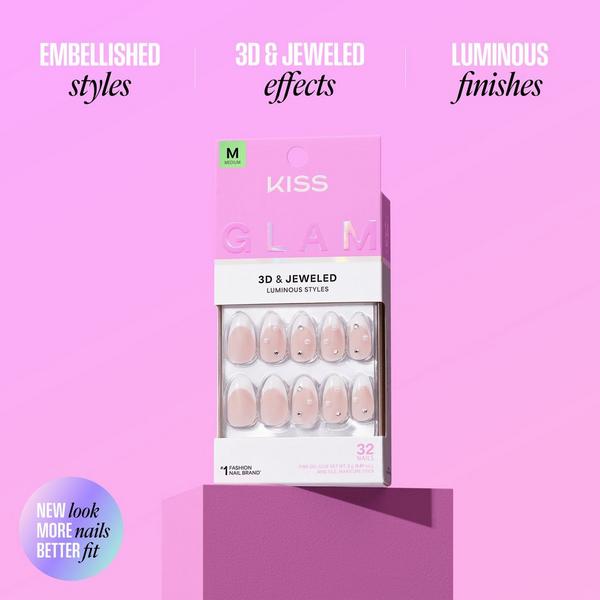 Kiss Glam Jeweled Medium Almond Press On Nails, Weekends #8