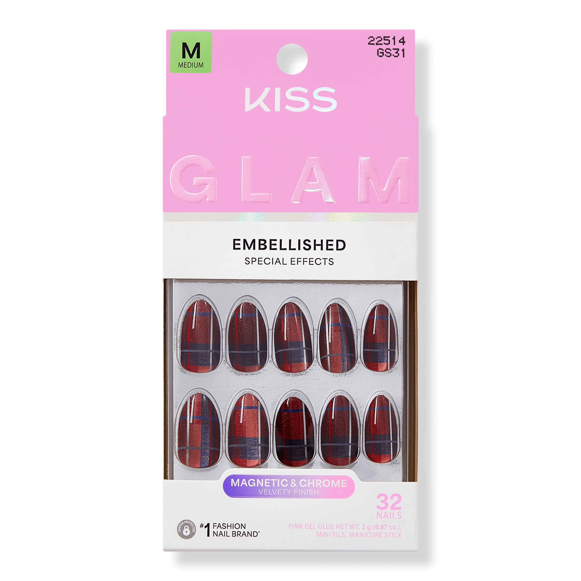 Kiss Glam Embellished Medium Almond Press On Nails, Mirror #1