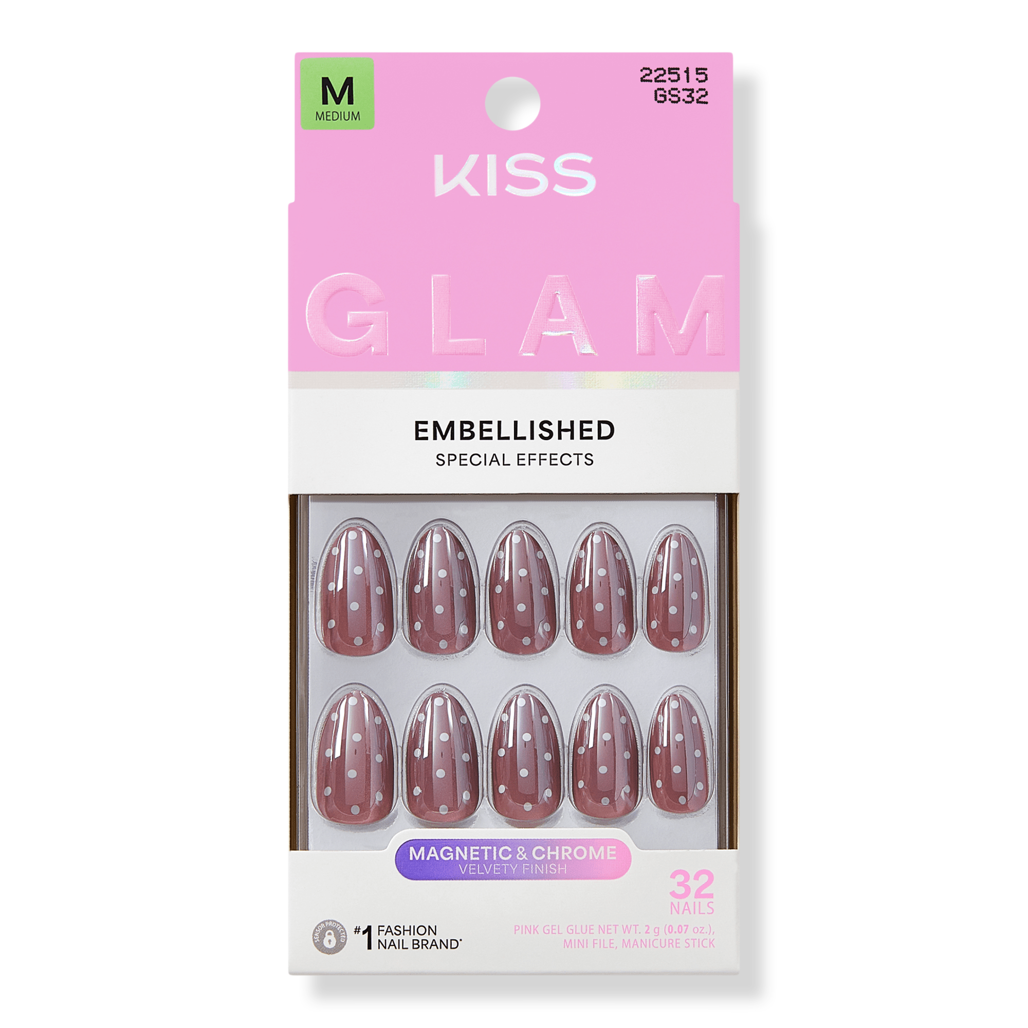 Kiss Glam Embellished Medium Almond Press On Nails, Velvet Noir #1