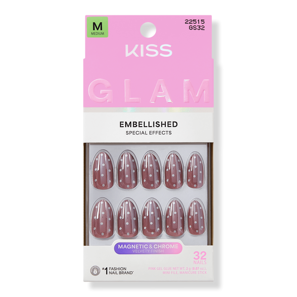 Kiss Glam Embellished Medium Almond Press On Nails, Velvet Noir #1