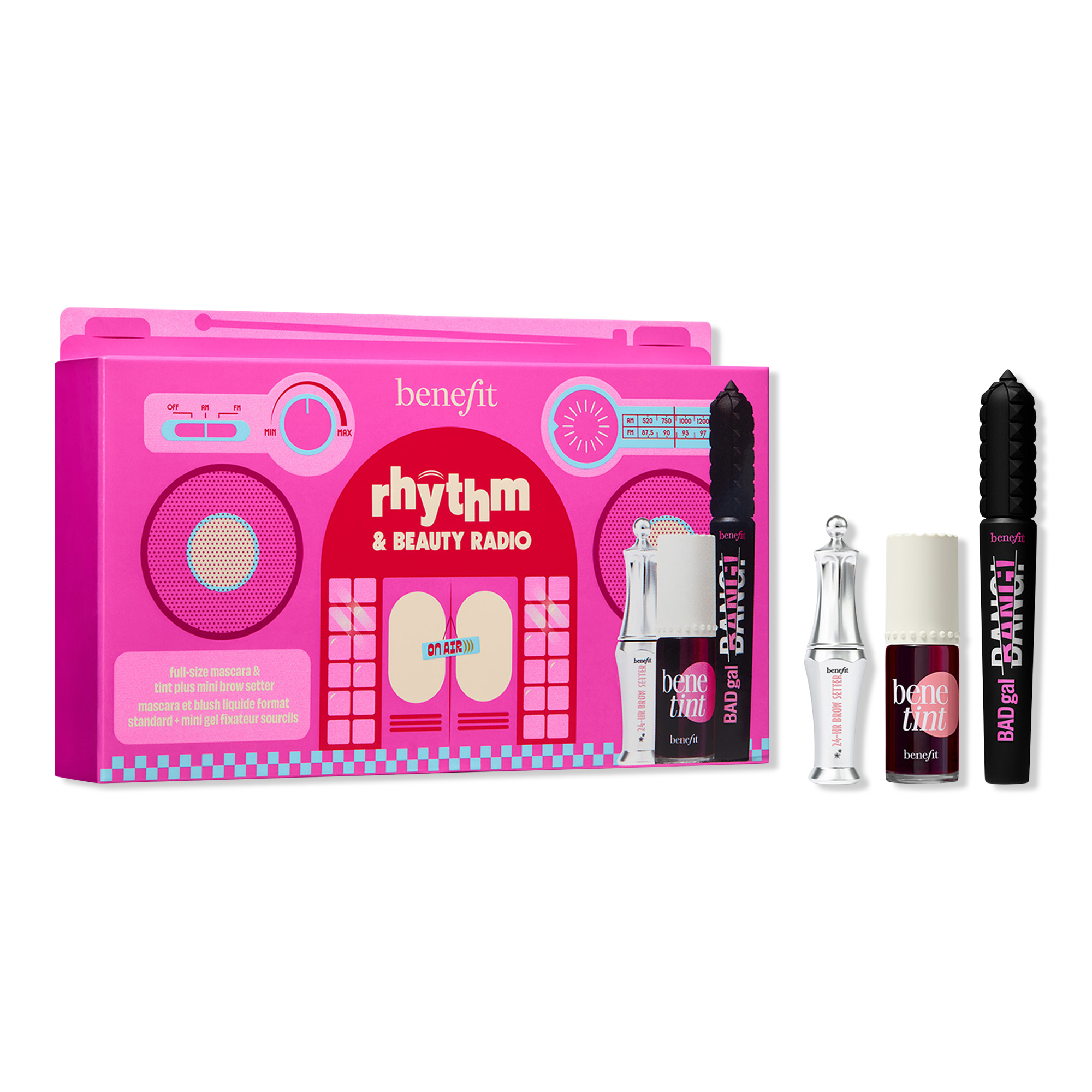 Benefit Cosmetics Rhythm & Beauty Radio Full-Size & Mini Lash, Brow, Lip & Cheek Bestsellers Trio #1