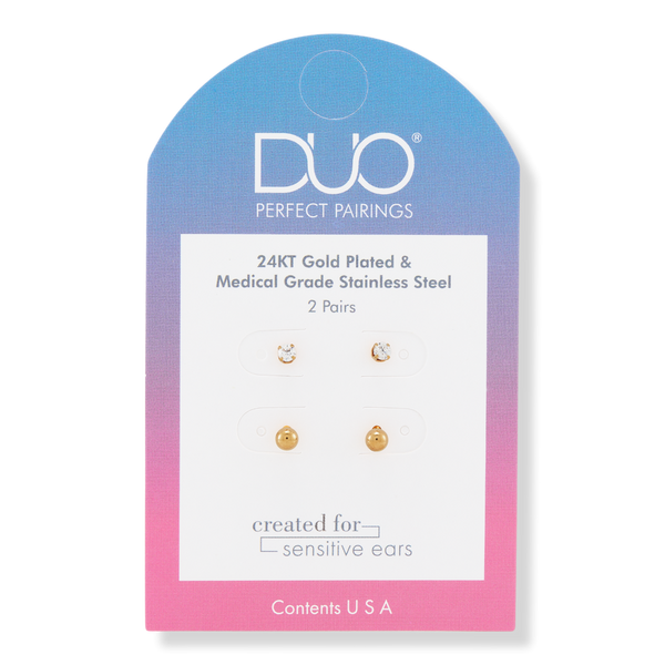 DUO Perfect Pairings 24KT Gold Plate 4MM Ball and 3MM CZ Stud Set #1