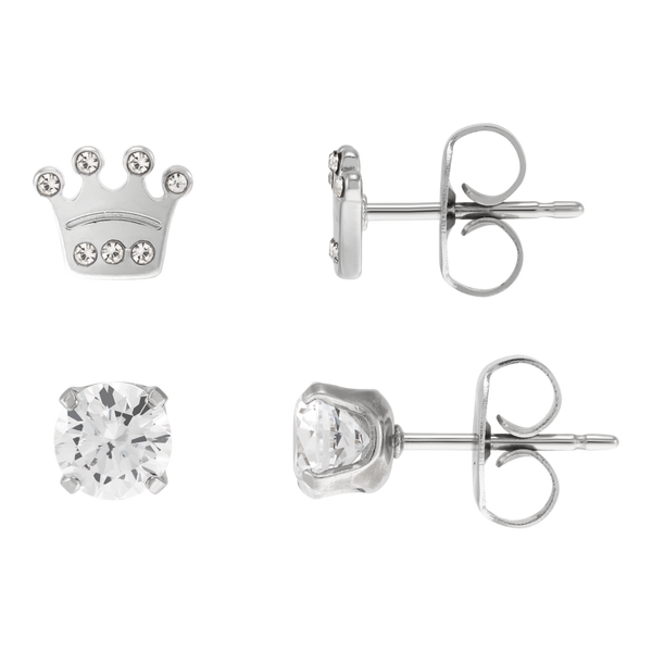 DUO Perfect Pairings Stainless Steel Crown with Crystal and 5MM CZ Stud Set #5