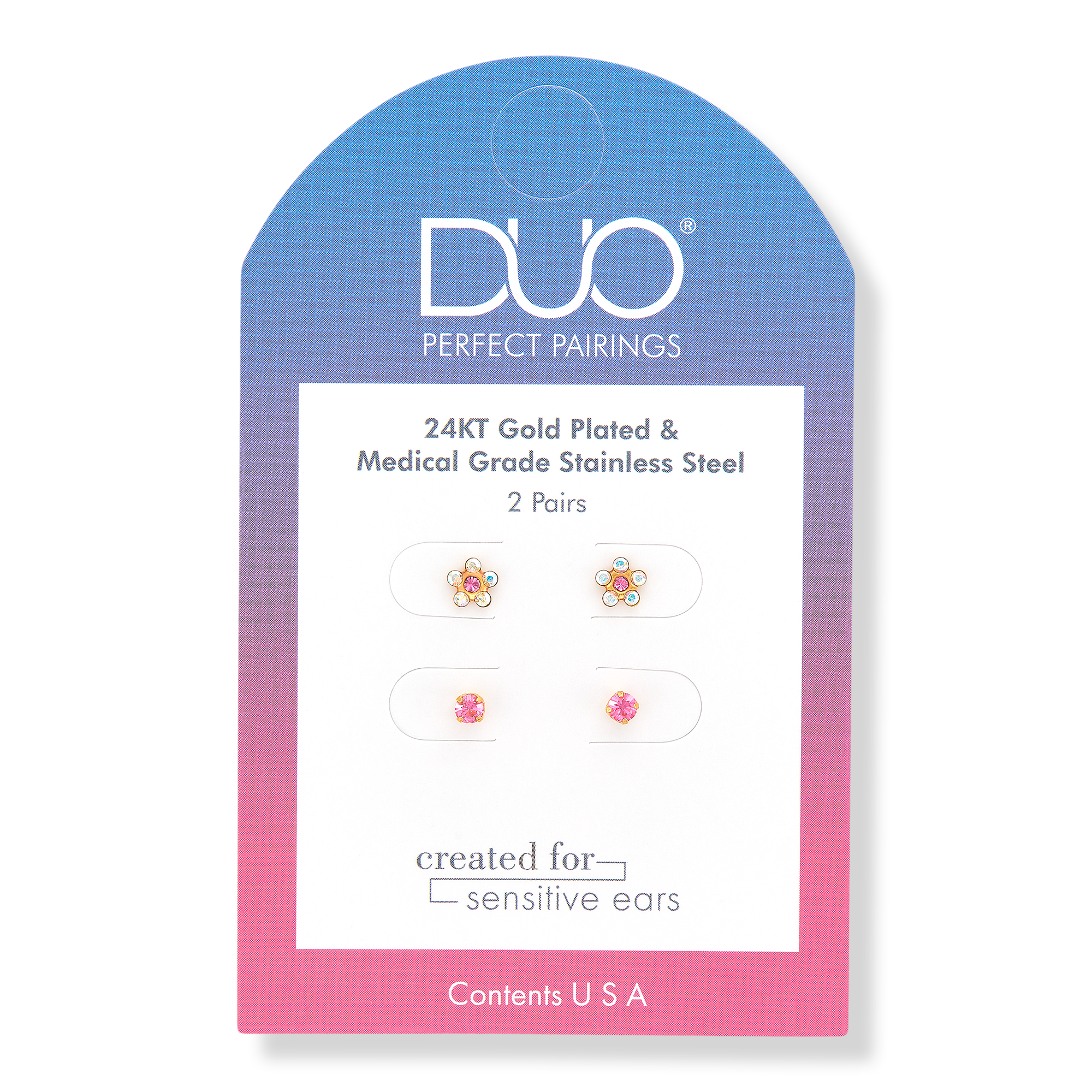 DUO Perfect Pairings Stainless Steel Crystal and Rose Flower and 24KT Gold Plate Rose Crystal Stud Set #1