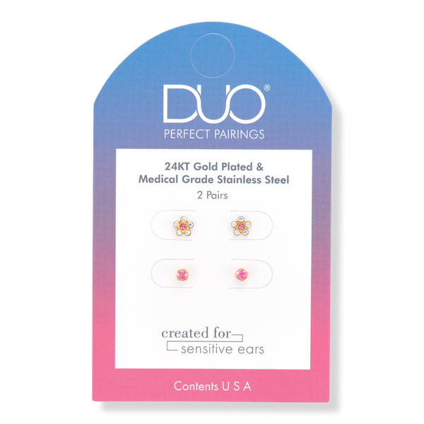 DUO Perfect Pairings Stainless Steel Crystal and Rose Flower and 24KT Gold Plate Rose Crystal Stud Set #1