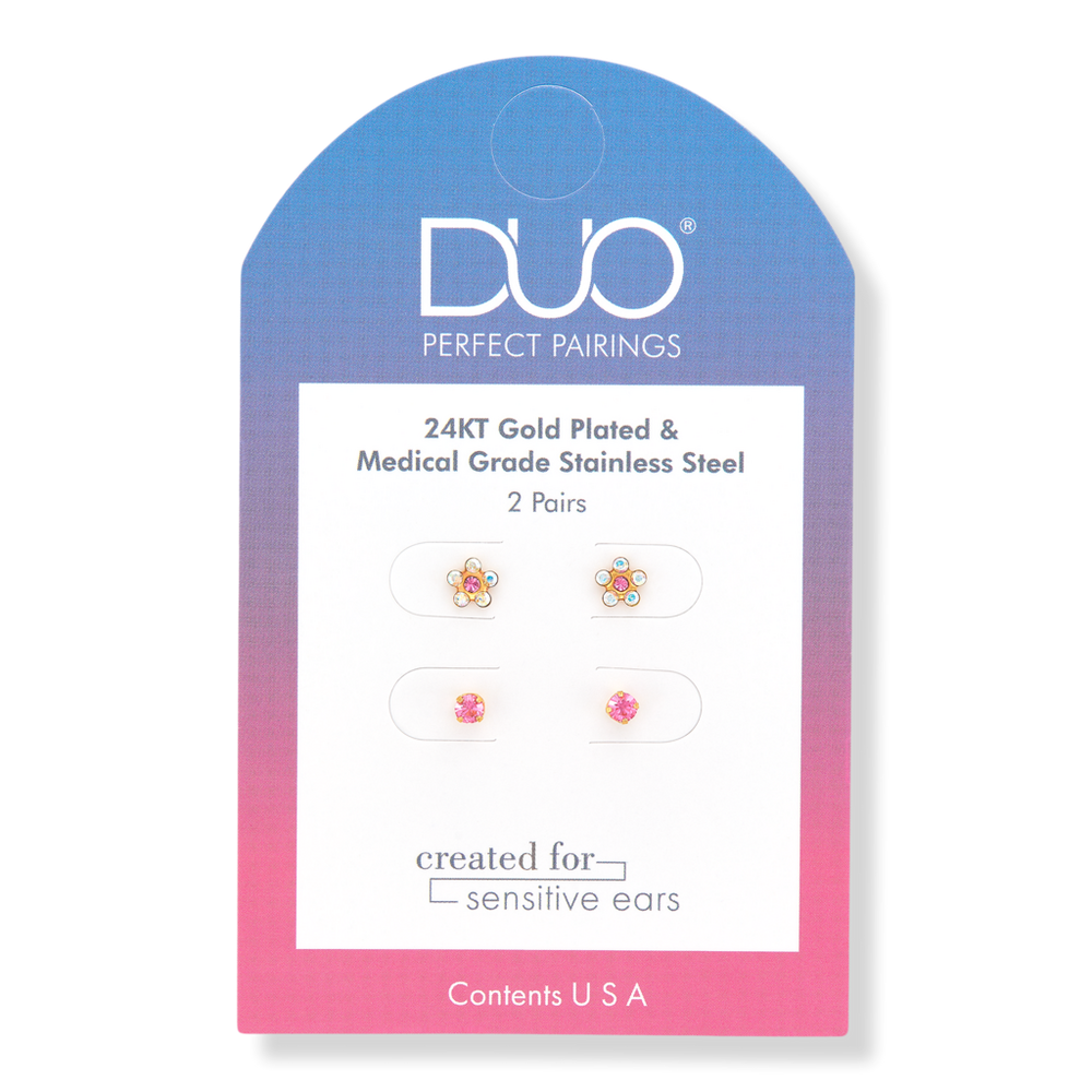 DUO Perfect Pairings Stainless Steel Crystal and Rose Flower and 24KT Gold Plate Rose Crystal Stud Set