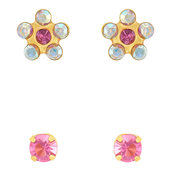 DUO Perfect Pairings Stainless Steel Crystal and Rose Flower and 24KT Gold Plate Rose Crystal Stud Set #3