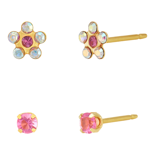 DUO Perfect Pairings Stainless Steel Crystal and Rose Flower and 24KT Gold Plate Rose Crystal Stud Set #4