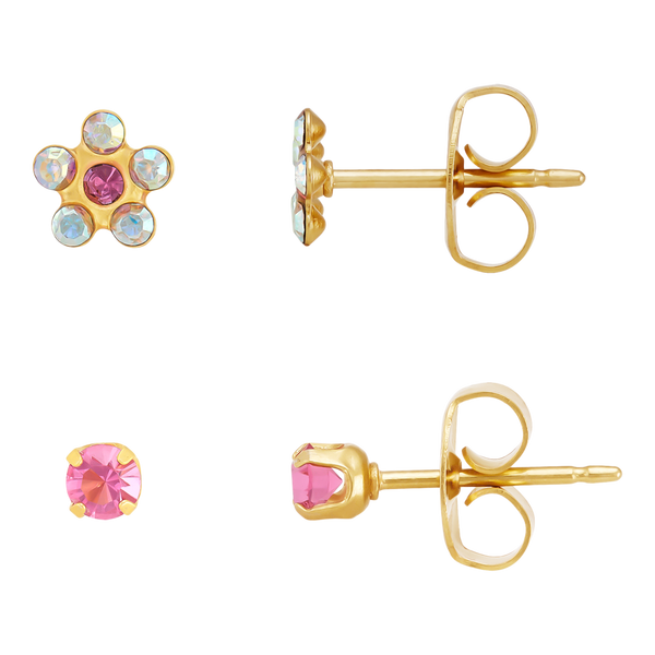 DUO Perfect Pairings Stainless Steel Crystal and Rose Flower and 24KT Gold Plate Rose Crystal Stud Set #5