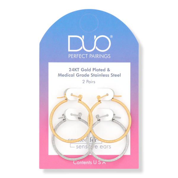 DUO Perfect Pairings Stainless Steel and 24KT Gold Plate 1" Checkerboard Hoop Set #1