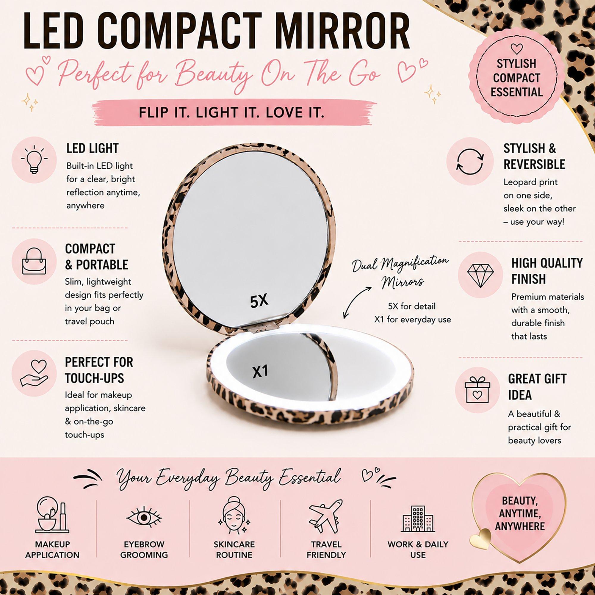Компактное зеркало The Vintage Cosmetic Company с леопардовым принтом и светодиодами — фото 4