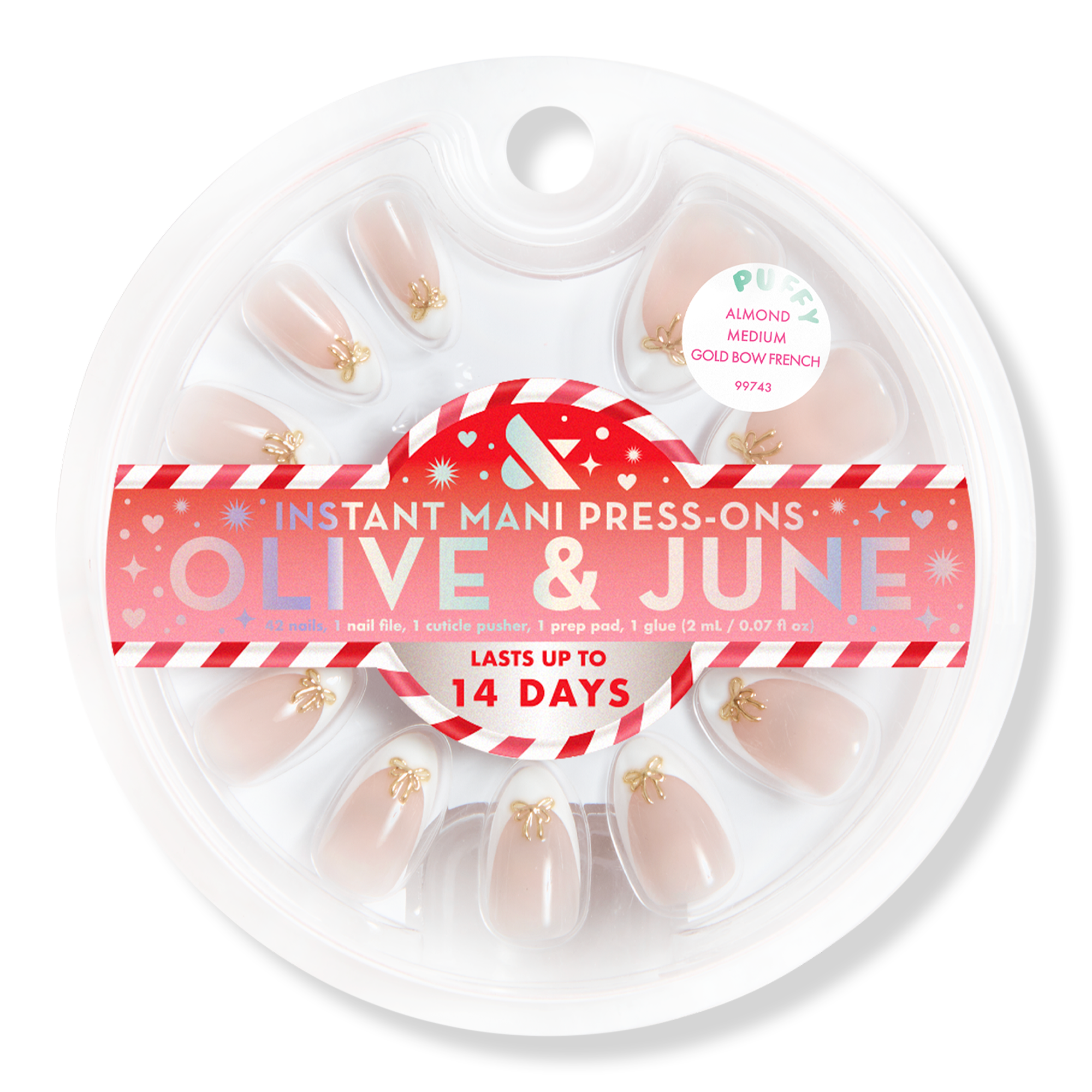 Накладные ногти Olive & June Holiday Instant Mani, Gold Bow French, средний миндаль