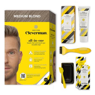 Cleverman All-In-One Beard, Hair & Touch Ups Reusable Dye Kit for Men –Natural-Looking Gray Coverage