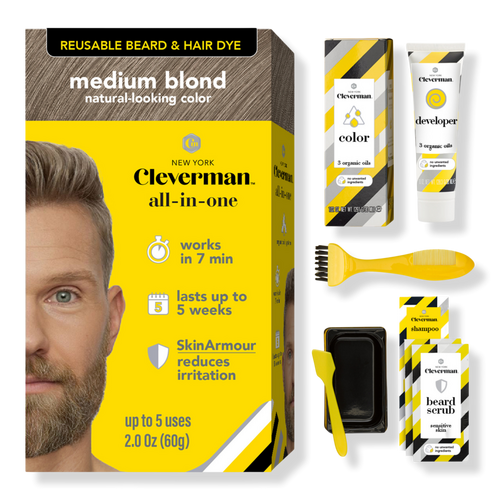 Reusable Beard & Hair Dye Kit - Up to 5 Uses, 7-Min Natural Gray Coverage with SkinArmour - Medium Blond