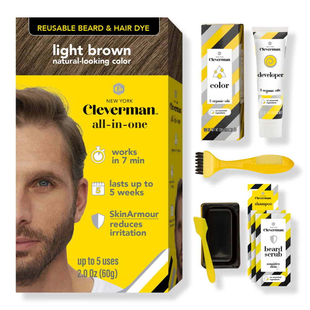 Cleverman Reusable Beard & Hair Dye Kit - Up to 5 Uses, 7-Min Natural Gray Coverage with SkinArmour - Light Brown